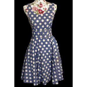 Vintage Blue Polka Dot Swing Dress With Belt & Flared Skirt – Sleeveless Retro